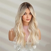 economico Parrucche trendy sintetiche-Parrucche bionde lunghe con ombre ombre Parrucche ondulate a strati dall&#039;aspetto naturale per le donne Parrucche per capelli resistenti al calore Parrucche sintetiche per feste cosplay Parrucche per