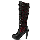 cheap Shoes For Women-Women&#039;s Gothic Lace-Up High Heel Knee-High Boots with Multiple Buckle Straps - Steampunk Style Black Leather Boots with Red Lace Detailing, Perfect for Cosplay and Halloween
