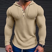 preiswerte T-Shirt mit Waffelstrick-Herren T Shirt Waffel-Henley-Hemd T-Shirt Langarmshirt Langarm Mit Kapuze Frühling &amp; Herbst Farbblock Mode Designer Basic Patchwork Urlaub Straße Ausgehen Weiß Khaki Armeegrün Top T-Shirt für Herren