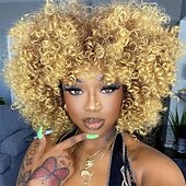 economico Parrucche trendy sintetiche-parrucche afro corte e ricce per le donne parrucca riccia crespa blu con frangia bomba capelli ricci parrucche sintetiche senza colla complete in fibra resistente al calore parrucca di Halloween di