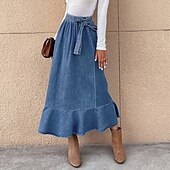 economico Gonne semplici-Per donna Gonna Linea A Altalena a dondolo Di tendenza Informale Maxi Vita alta Gonne Tinta unita Con balze Strada Giornaliero Blu Inverno Denim