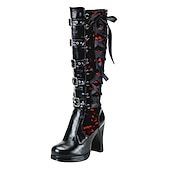 cheap Shoes For Women-Women&#039;s Gothic Lace-Up High Heel Knee-High Boots with Multiple Buckle Straps - Steampunk Style Black Leather Boots with Red Lace Detailing, Perfect for Cosplay and Halloween
