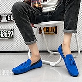 cheap Men&#039;s Slip-ons &amp; Loafers-Men&#039;s Orange and Blue Suede Driving Loafers with Tassel Detail and Non-Slip Rubber Sole - Stylish and Comfortable for Casual and Driving Wear