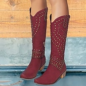 Women's Black Studded Faux Leather Knee-High Boots with Block Heels - Western Style Fashion Footwear for Fall and Winter 13