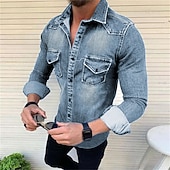 abordables camisas de mezclilla de los hombres-Hombre Camisa vaquera Color sólido Diario Viaje Azul Piscina Negro Azul claro Manga Larga Cuello Primavera &amp; Otoño Ropa Abotonar