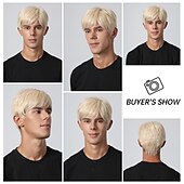 preiswerte Trendige synthetische Perücken-Synthetische Perücke, verworrener gerader Mittelteil, geschichteter Haarschnitt, maschinell hergestellte Perücke, 20,3 cm, hellgoldenes Kunsthaar, Herren, Cosplay, Party, Mode, blond,