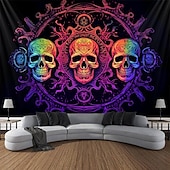 cheap Halloween Wall Tapestries-Halloween Blacklight Tapestry UV Reactive Glow in the Dark Glow Party Neon Skulls Totem Psychedelic Trippy Misty Hanging Tapestry Wall Art Mural for Living Room Bedroom