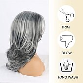 abordables Perruques Synthétiques Sans Bonnet-perruques grises longues couches pour femmes perruque ondulée argentée perruques de remplacement de cheveux d&#039;aspect naturel perruque de cheveux synthétiques résistant à la chaleur pour une