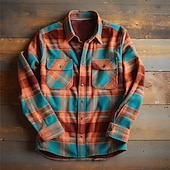 Men's Plaid Geometric Pattern Tribal Shirt Shirt Jacket Overshirt Long Sleeve Vintage Casual Outdoor Street Casual Daily Fall & Winter Turndown Buttons Pocket Print Blue Brown4