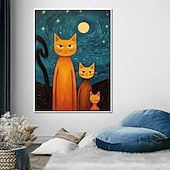 preiswerte Tiergemälde-handgemalter Ölgemälde, Leinwand, Wandkunst, Dekoration, abstraktes Messergemälde, Sternenkatze im Van-Gogh-Stil, für Heimdekoration, gerolltes, rahmenloses, ungedehntes Gemälde