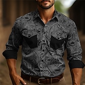 voordelige westernhemden voor heren-Voor heren Overhemd Westers overhemd Cowboyshirt Lange mouw Vintage Buiten Straat Casual / Dagelijks Herfst winter Strijkijzer Knop Afdrukken blauw Bruin Grijs