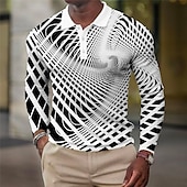 billiga Geometrisk pikétröja för män-Herr Geometrisk Våffelpikétröjor Golftröja Långärmad Polotröjor Skjortor med krage Business Casual Semesterkläder Högtidskläder Festivalkläder Knappar 3D-utskrift Höst vinter Vit Gul Blå
