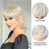 voordelige Synthetische trendy pruiken-korte blonde pruik shaggy gelaagde jaren 80 mul pruik pixie-cut pruik met pony krullend synthetisch natuurlijk nep haar vervangende pruiken voor vrouwen dagelijks feest cosplay kostuum gebruik