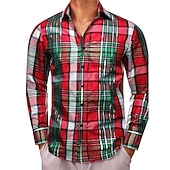 abordables Atuendo para escena navideña-Camisas estampadas con escenas navideñas para hombre, camisas a cuadros, informales, para exteriores, para la calle, para otoño&amp;amp;Vestido de invierno de manga larga burdeos tallas S, M y L