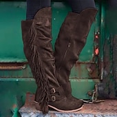 cheap Cowboy &amp; Western Boots-Women&#039;s Brown Suede Fringe Knee-High Boots with Buckle Straps - Western Style for Festivals, Casual Outings, and Outdoor Adventures