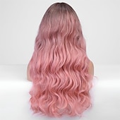 abordables Perruques Synthétiques Sans Bonnet-Perruque longue ondulée rose pour femme - Perruque rose ombré - Racine foncée - 66 cm - Avec frange - Perruque bouclée ondulée - Aspect naturel - Fibre synthétique résistante à la chaleur - Pour une
