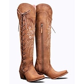 levne Cowboy &amp; Western Boots-dámské hnědé vyšívané šněrovací kovbojské boty nad kolena, westernový styl pro ležérní outfity a country akce