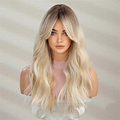 economico Parrucche trendy sintetiche-Parrucche bionde lunghe con ombre ombre Parrucche ondulate a strati dall&#039;aspetto naturale per le donne Parrucche per capelli resistenti al calore Parrucche sintetiche per feste cosplay Parrucche per