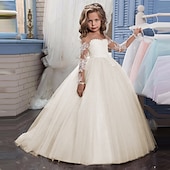preiswerte Kleider für die Blumenmädchen-Blumenmädchenkleid Mädchen Prinzessinenkleid Kleid für die Erstkommunion Party Kleid Leistung Hochzeit Party Prinzessin Süß Gitter Feste Farbe Langarm Rundhalsausschnitt Weiß Elfenbein 2-12 Jahre