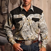 Men's Western Shirt Button Up Shirt Cowboy Shirt Long Sleeve Vintage Western Style Casual Daily Fall & Winter Turndown Buttons Print Black khaki 5