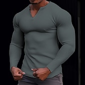 economico T-shirt in maglia waffle-Per uomo Camicia a nido d&#039;ape Maglietta Camicia a Maniche Lunghe Manica Lunga Scollo a V Primavera &amp; Autunno Semplice Moda Designer Essenziale Vacanza Streetwear Uscire Nero Bianco Arancione
