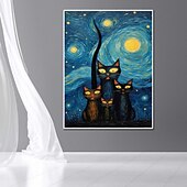 preiswerte Tiergemälde-handgemalter Ölgemälde, Leinwand, Wandkunst, Dekoration, abstraktes Messergemälde, Sternenkatze im Van-Gogh-Stil, für Heimdekoration, gerolltes, rahmenloses, ungedehntes Gemälde