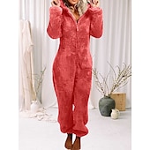 ieftine Îmbrăcăminte de dormit-pijama de pluș pentru femei, fleece, ureche de urs, hanorac roșu, pe lungime, căldură de iarnă, îmbrăcăminte confortabilă, îmbrăcăminte de dormit cu fermoar, ținute casual acasă, acasă