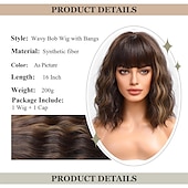 economico Parrucche trendy sintetiche-Parrucca marrone con riflessi parrucche a caschetto con frangia parrucca ondulata lunga fino alle spalle parrucca con parte centrale per donne parrucche per feste di Natale