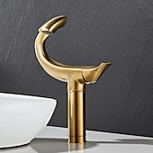 abordables Classiques-Robinet de lavabo de salle de bain incurvé pour vasque, robinets de bain à un trou à poignée unique avec interrupteur d&#039;eau chaude et froide, valve en céramique à l&#039;intérieur