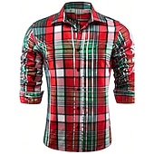 abordables Atuendo para escena navideña-Camisas estampadas con escenas navideñas para hombre, camisas a cuadros, informales, para exteriores, para la calle, para otoño&amp;amp;Vestido de invierno de manga larga burdeos tallas S, M y L