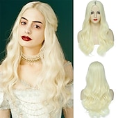 cheap Synthetic Trendy Wigs-White Wigs for Women 26 Inches Long White Wig Synthetic Wig Middle Part Natural Looking White Wavy Wig for Daily Use Halloween Cosplay Wig Christmas Party Wigs