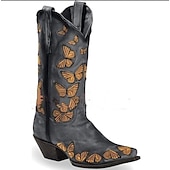 levne Cowboy &amp; Western Boots-dámské westernové kovbojské boty s motýlkovou výšivkou a naskládaným podpatkem – ideální pro nošení na ranči a festivaly