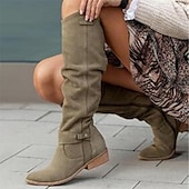 levne Slouch Boots-dámské semišové vysoké boty ke kolenům s přezkou - ležérní plochý podpatek pro každodenní i podzimní módu