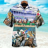 billiga Djurmönster-Kentucky Derby Herr Häst Skjorta Hawaii skjorta Knapp upp skjorta Kortärmad Tropisk Mode Hawaiisk Ledigt Hawaiisk Helgdag Sommar Vår Nedvikt Mönster Button-Down Roliga Kentucky Derbyskjortor Vit
