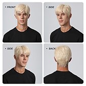 preiswerte Trendige synthetische Perücken-Synthetische Perücke, verworrener gerader Mittelteil, geschichteter Haarschnitt, maschinell hergestellte Perücke, 20,3 cm, hellgoldenes Kunsthaar, Herren, Cosplay, Party, Mode, blond,
