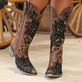 cheap Cowboy &amp; Western Boots-Women&#039;s Brown Western Cowboy Boots with Intricate Black Floral Lace Embroidery - Ideal for Country Weddings, Rustic Events, and Western-Themed Parties