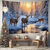cheap Landscape Tapestry-Winter Wonderland Hanging Tapestry Wall Art Large Tapestry Mural Decor Photograph Backdrop Blanket Curtain Home Bedroom Living Room Decoration Snow Reindeer