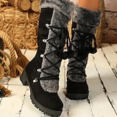 abordables Bottes de neige et d&#039;hiver-bottes d&#039;hiver noires à lacets pour femmes avec bordure en fausse fourrure, détails à pompons et semelle antidérapante robuste pour la neige et le froid en extérieur