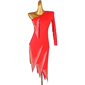 halpa Latinalaistanssiasut-tanssi salsa latinalainen tanssimekko puhdasvärinen liitos kristallit / strassit naisten suoritusharjoittelu pitkähihainen chinlon spandex