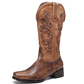 levne Cowboy &amp; Western Boots-pánské westernové kovbojské boty – hnědá umělá kůže s vyšívanými vzory a krokodýlí texturou pro vintage styl