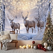 cheap Landscape Tapestry-Winter Wonderland Hanging Tapestry Wall Art Large Tapestry Mural Decor Photograph Backdrop Blanket Curtain Home Bedroom Living Room Decoration Snow Reindeer