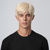 preiswerte Trendige synthetische Perücken-Synthetische Perücke, verworrener gerader Mittelteil, geschichteter Haarschnitt, maschinell hergestellte Perücke, 20,3 cm, hellgoldenes Kunsthaar, Herren, Cosplay, Party, Mode, blond,