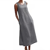 preiswerte Kleider aus Baumwolle und Leinen entwerfen-Damen Schwarz Grau Sommer Frühling Maxikleid Baumwoll-Leinen-Kleider Freizeitkleid Baumwoll-Sommerkleid Stilvoll Basic Modern Outdoor Urlaub Ferien Lässiger Schnitt Einfarbig Rundhalsausschnitt