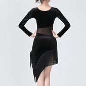 זול שמלות אימון-ריקוד לטיני שמלה פרנזים צבע טהור שחבור בגדי ריקוד נשים הצגה הדרכה שרוול ארוך גבוה Peluche