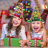 cheap Santa Hat &amp; Accessories-Christmas Hat 2 Pack Light Up Christmas Hats Funny Santa Hat with Tinsel 30 LED Colorful Lights Poms Christmas Costume Accessories for Adults Kids Xmas Tree Hat Holiday Party Theme Hats