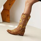 tanie Kowboj i zachodnie buty-damskie kowbojskie buty w stylu western z haftem słonecznika – vintage&#039;owe buty festiwalowe ze sztucznej skóry z paskiem na festiwale muzyczne i do noszenia na co dzień