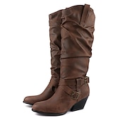 olcso Slouch Boots-női nyúlós, térdig érő csizma csatos pánttal és egymásra rakott sarokkal, sokoldalú alkalmi lábbeli, többféle színben elérhető őszre és télre