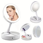 economico Gadget bagno-Specchio per il trucco pieghevole 1 pezzo con organizer per scatola portaoggetti con luce a LED, bifacciale 1x &amp; Specchio retrattile ingranditore 10x per tavolo, toeletta, cosmetici