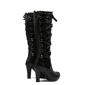 cheap Shoes For Women-Women&#039;s Gothic Lace-Up High Heel Knee-High Boots with Multiple Buckle Straps - Steampunk Style Black Leather Boots with Red Lace Detailing, Perfect for Cosplay and Halloween