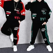cheap Sets-2 Pieces Kids Boys Hoodie &amp; Pants Outfit Graphic Letter Long Sleeve Pocket Set Outdoor Fashion Cool Spring Fall 7-13 Years Black Dark Green